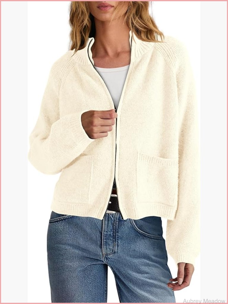 Zip Up Chunky Knit Cardigan Sweater Jacket With Pockets